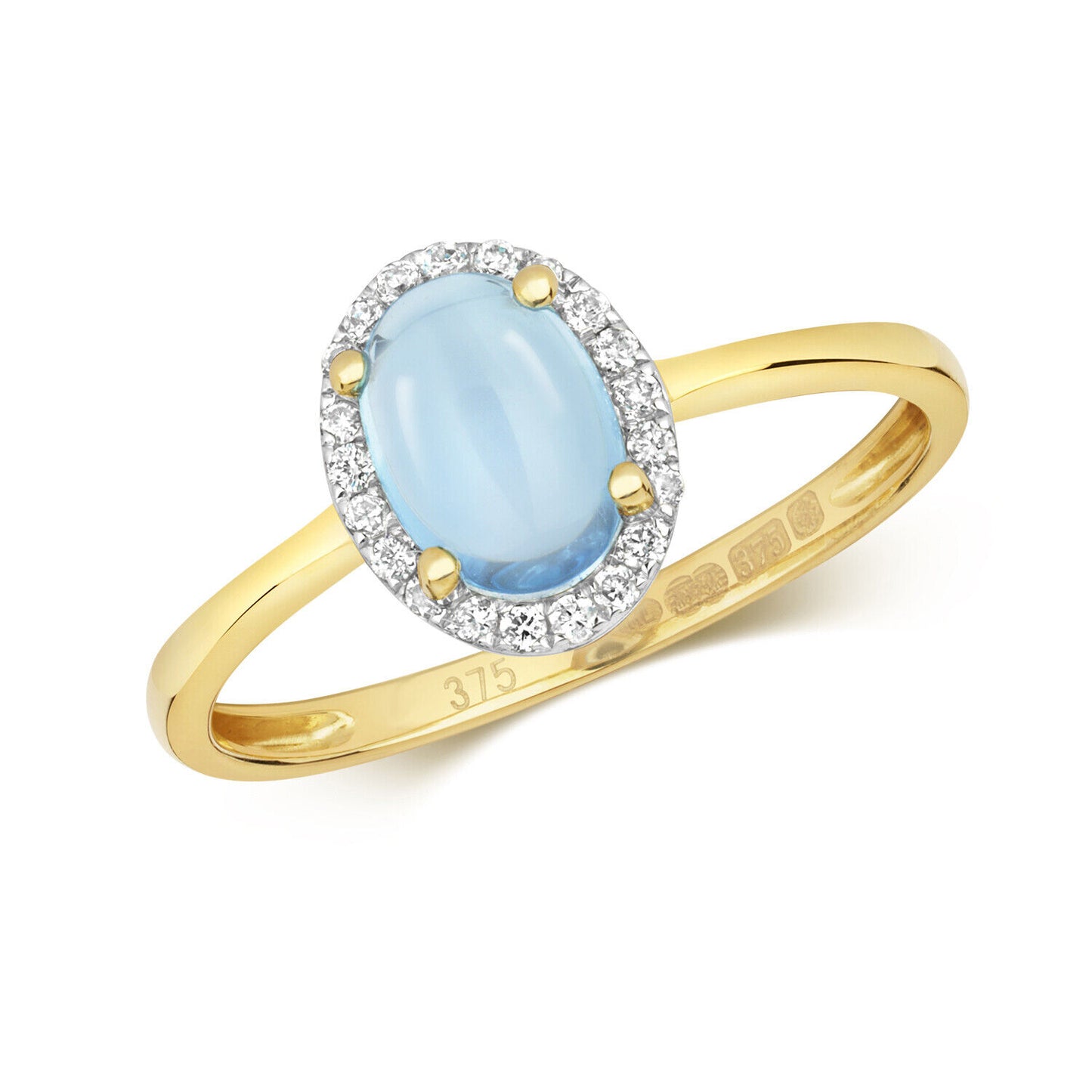 Real Blue Topaz Cabochon and Diamond Ring Solid Yellow Gold Oval Gem Size J - Q