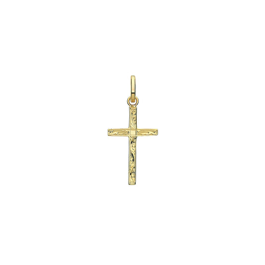 Gold Cross Pendant Engraved Design Yellow Gold 27mm x 12mm British Made