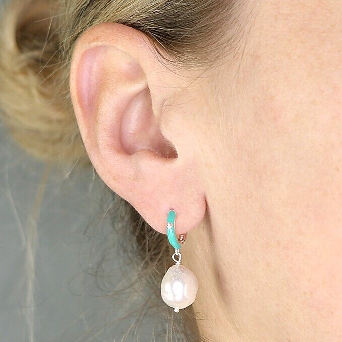 Freshwater Pearl Huggie Earrings Solid Sterling Silver With Turquoise Enamel
