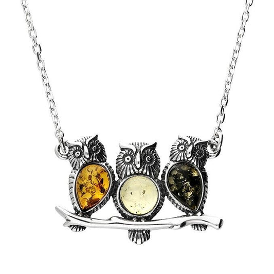 Mixed Amber Trio of Owls on Branch Necklace Sterling Silver 925 41-46cm extender