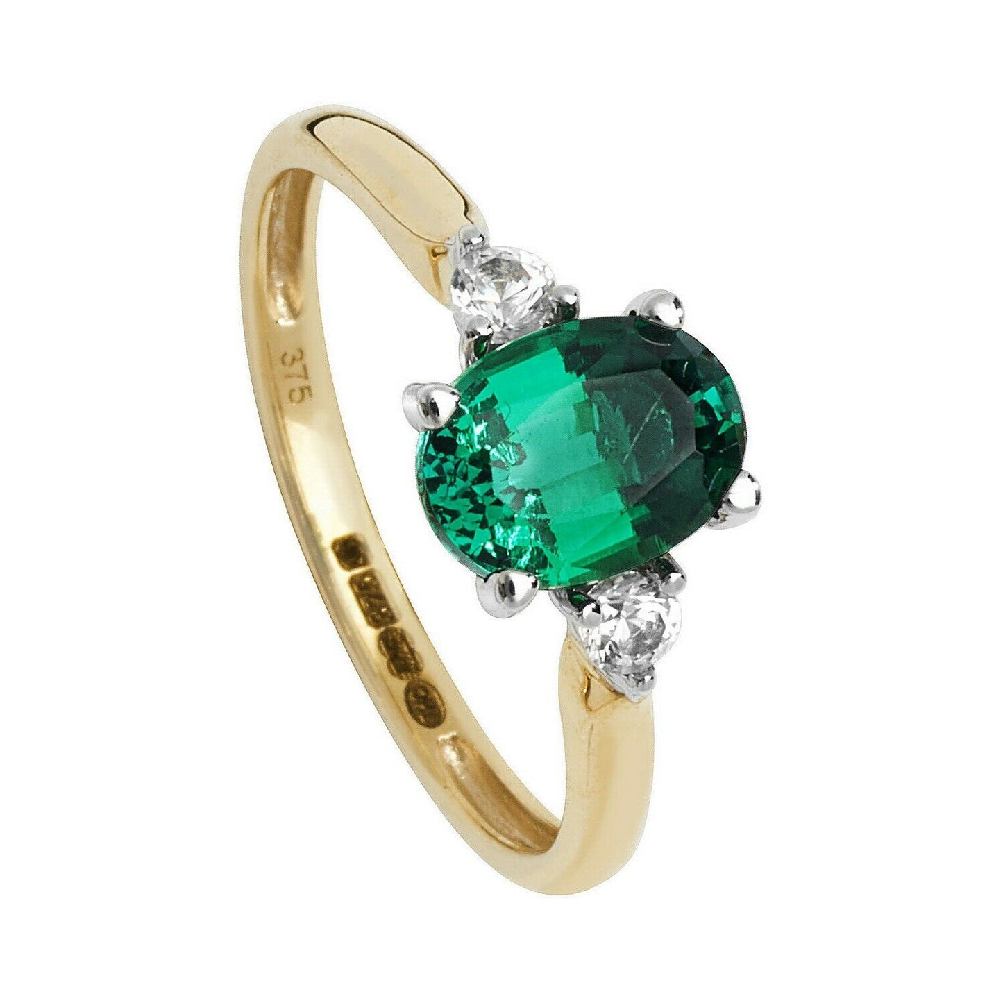 Yellow Gold Emerald Ring Solitaire Oval White Sapphire Engagement Hallmarked