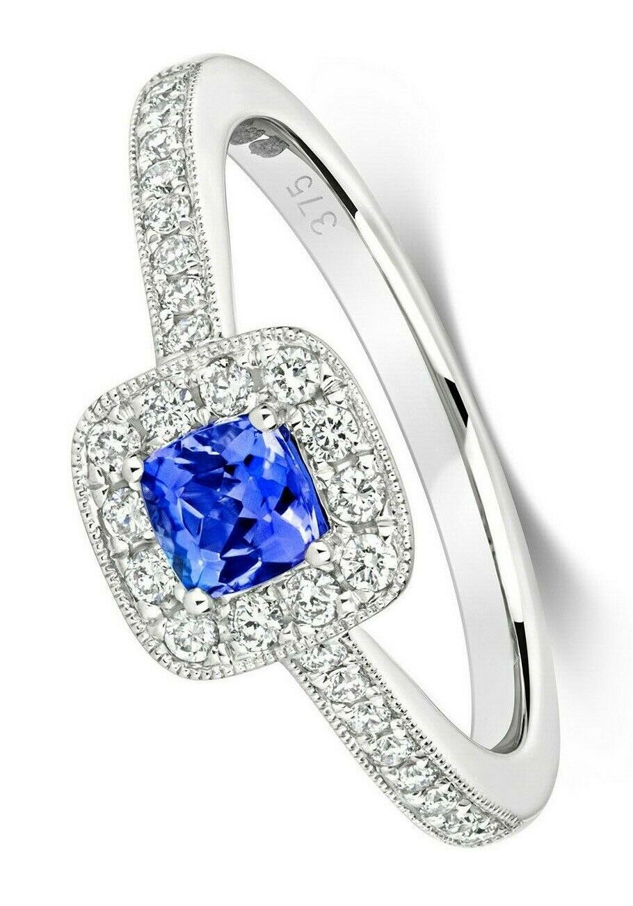 Real Tanzanite and Diamond Ring 9ct White Gold Cushion Cluster Size J - Q