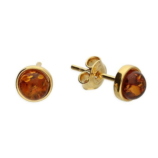 Cognac Amber 6mm Stud Earrings 24k Yellow Gold on Solid Sterling Silver 925