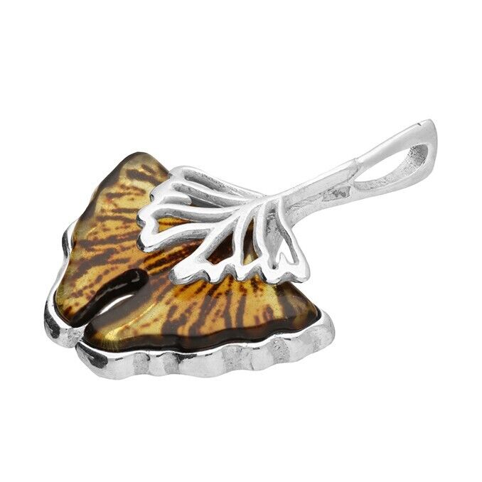 Baltic Amber Ginko Leaf Butterfly Pendant and Chain Solid Sterling Silver 925