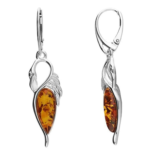 Cognac Amber Elegant Swan Earrings Hinged Leverback Solid Sterling Silver 925
