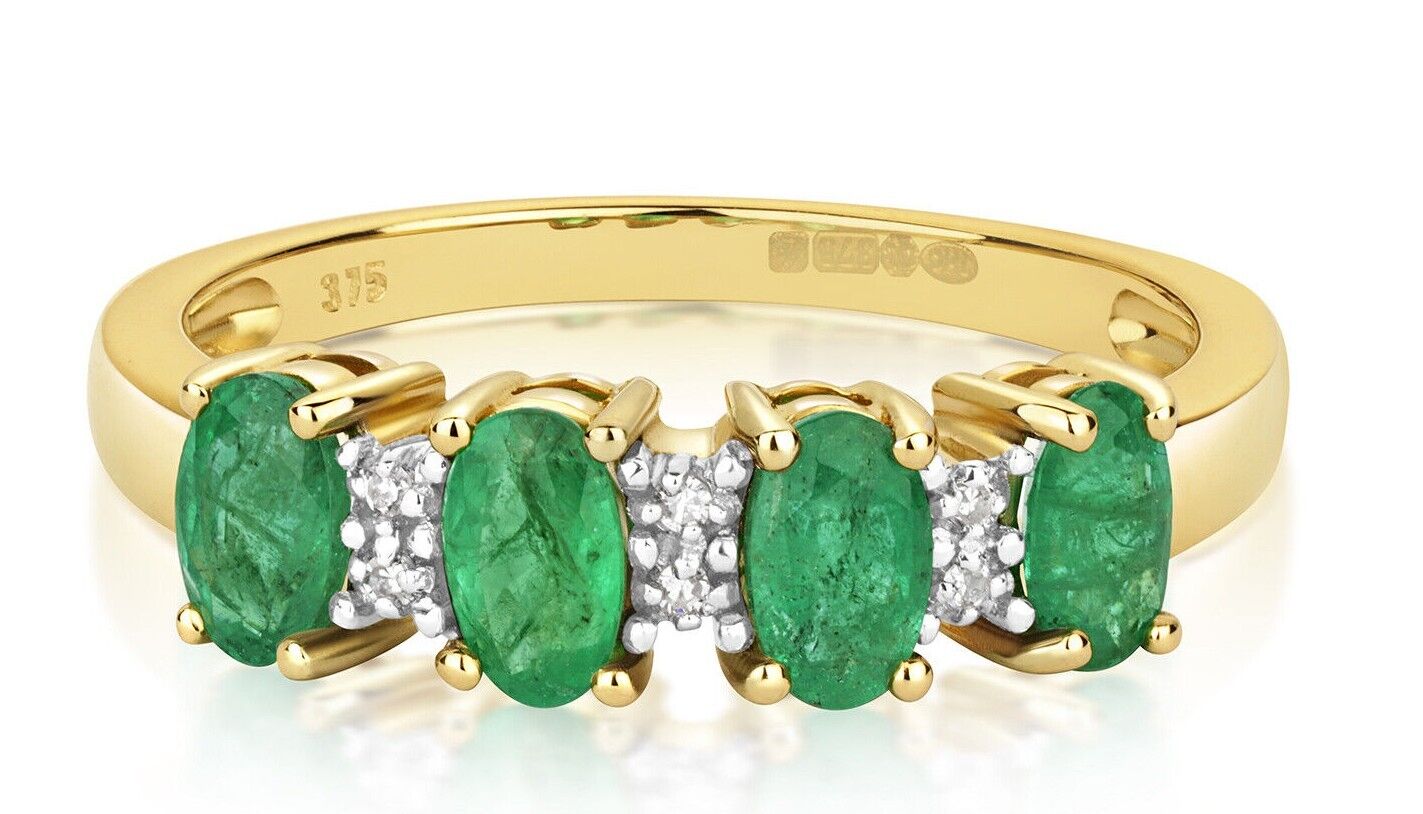 Real Emerald and Diamond Eternity Ring Solid Yellow Gold 5mm Band Anniversary