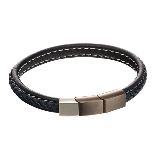 Fred Bennett Plait Detail Blue Leather Bracelet With Brushed Finish 21cm B5119