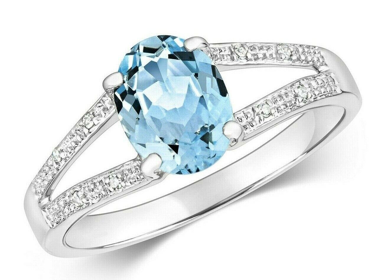 9ct White Gold Aquamarine and Diamond Ring Oval Solitaire Split Shoulder