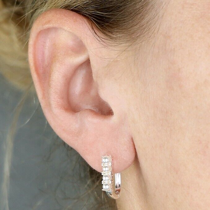 Pearl U-Shaped Huggie Hoop Earrings Solid Sterling Silver 925 15.5 x 13.5mm