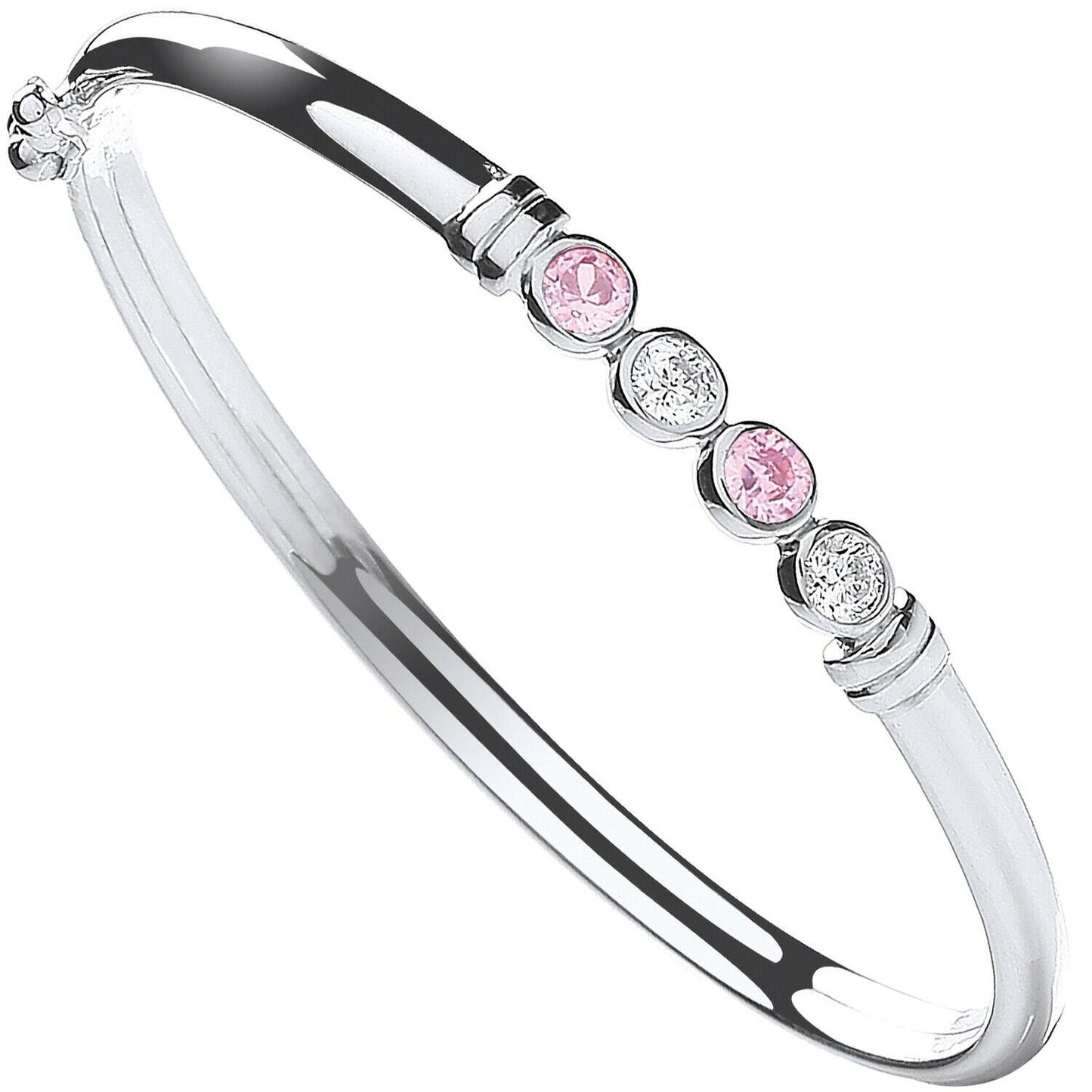 Solid Silver Baby Bangle Pink and White Gemstones Little Girls British Made