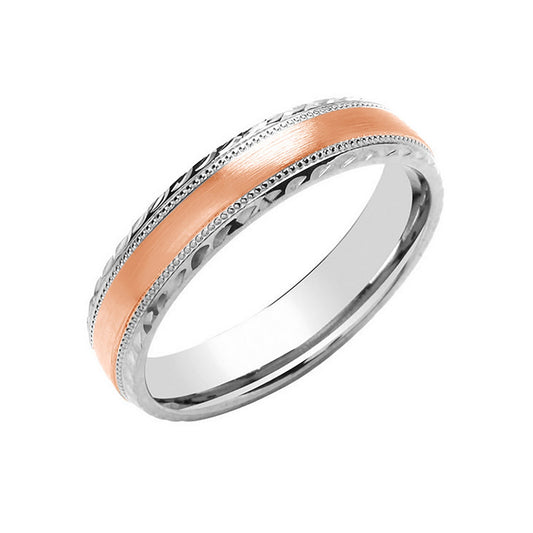 5mm D-Shape Wedding Ring Millgrain D/C Edge 9k White & Rose Gold Made to Order