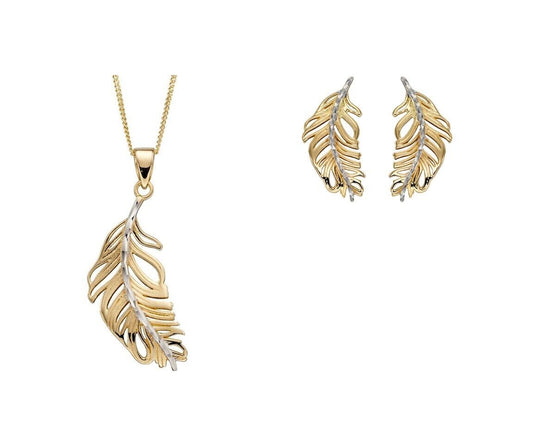 Feather Pendant and Earrings Set 9 Carat Gold Hallmarked 16, 18 or 20" Chain
