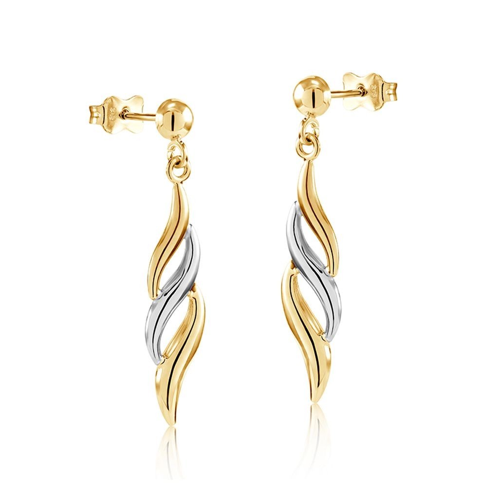 9ct Gold Leaf Drop Earrings Yellow and White Gold 33mm Drops Hallmarked