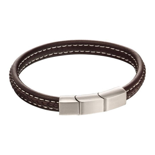 Fred Bennett Plait Detail Brown Leather Bracelet With Brushed Finish 21cm B5120