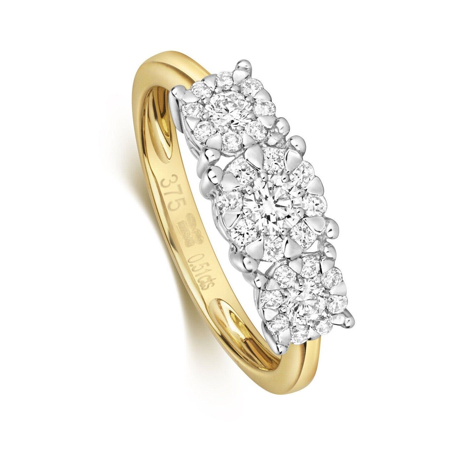Real Diamond Three Cluster Ring 9ct Yellow Gold 0.51 carat of Diamonds
