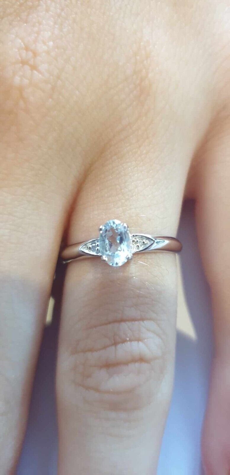 Real Aquamarine and Diamond Ring Solid 9ct White Gold Size J - Q