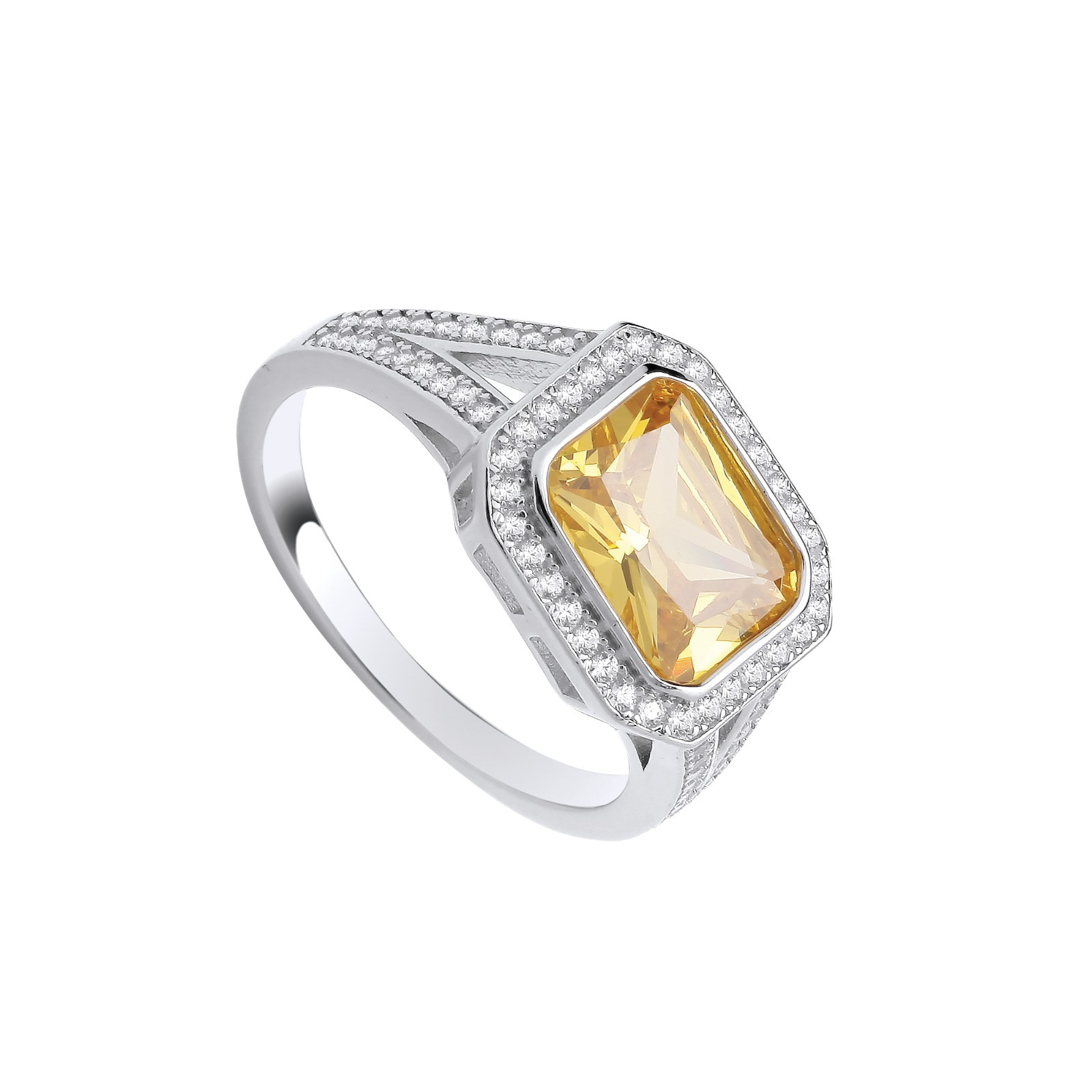 Sterling Silver Yellow Zircon Split Shank Ring Size J-Q British Made 925 Stamp