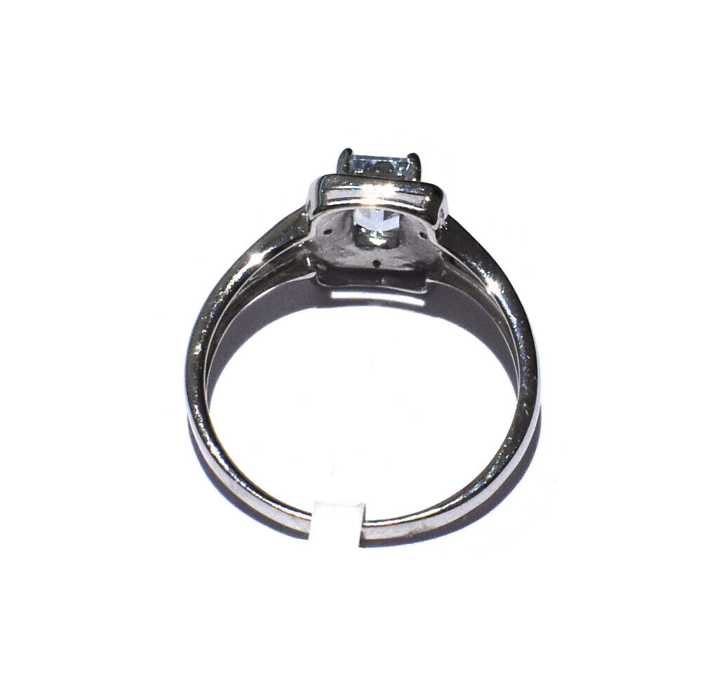 Real Aquamarine and Diamond Ring Solid White Gold Emerald Cut Cluster Size J-Q