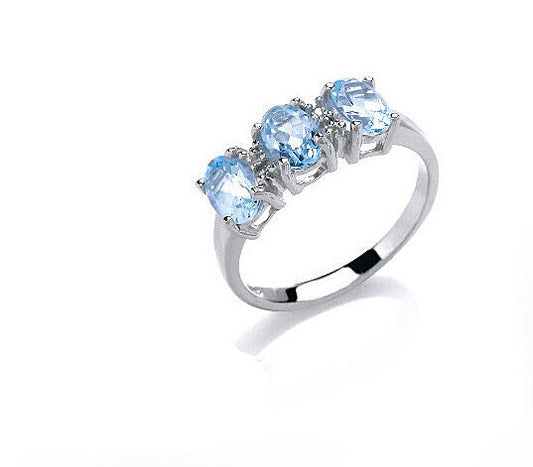 Blue Topaz and Diamond Ring Solid Sterling Silver Three Stone Engagement
