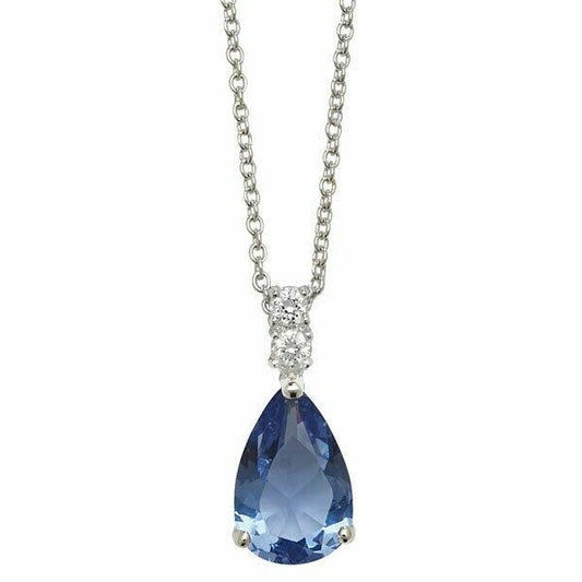 Sapphire Pear Necklace Solid Sterling Silver 18" Length Hallmarked British Made