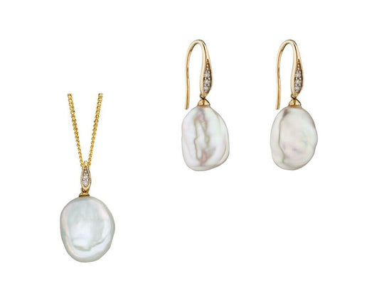 Keshi Pearl and Diamond Pendant and Earrings Set Yellow Gold 16 18 or 20" Chain