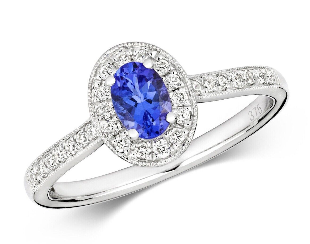 Real Tanzanite and Diamond Ring 9ct White Gold Oval Halo Cluster Size J - Q