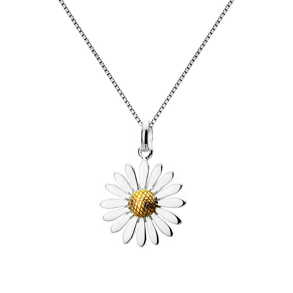 Flowering Daisy Pendant Sterling Silver Hallmark Gold Detail All Chain Lengths