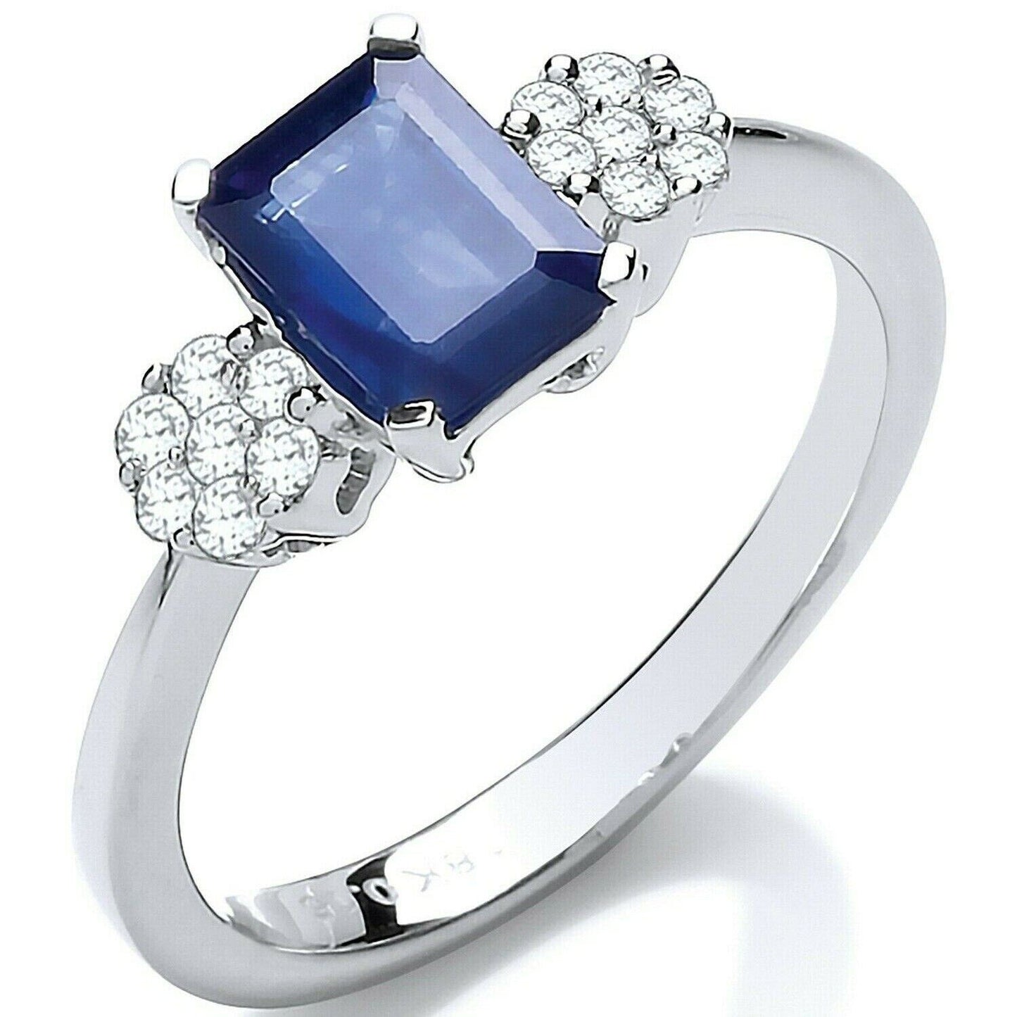 Real Emerald Cut Sapphire and Diamond Ring 18ct White Gold