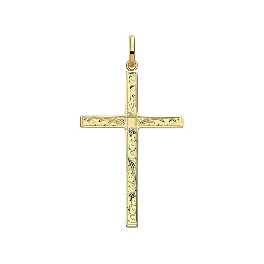 9ct Yellow Gold Patterned Cross Pendant Large 38 x 23mm Christianity Christening