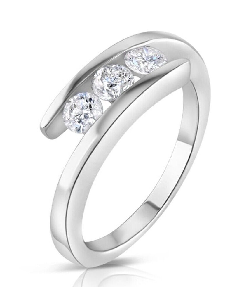 Real Diamond Trilogy Twist Ring Three Stone 9ct White Gold 0.50 Carat Weight