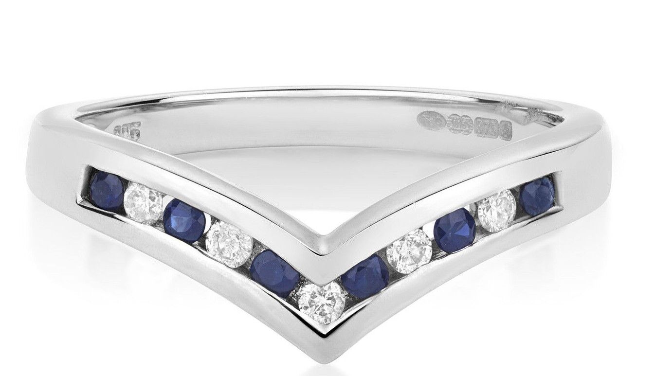 Sapphire and Diamond Wishbone Ring Solid White Gold Eternity Band Size J - Q