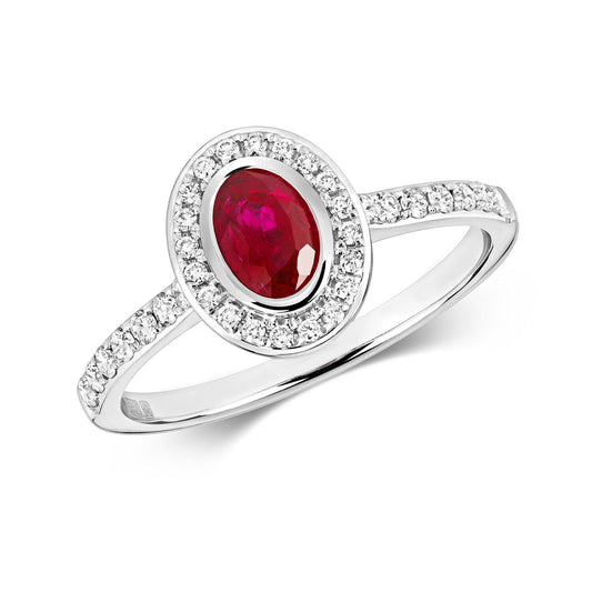 Real Ruby and Diamond Ring 9ct White Gold Oval Cluster Halo Engagement