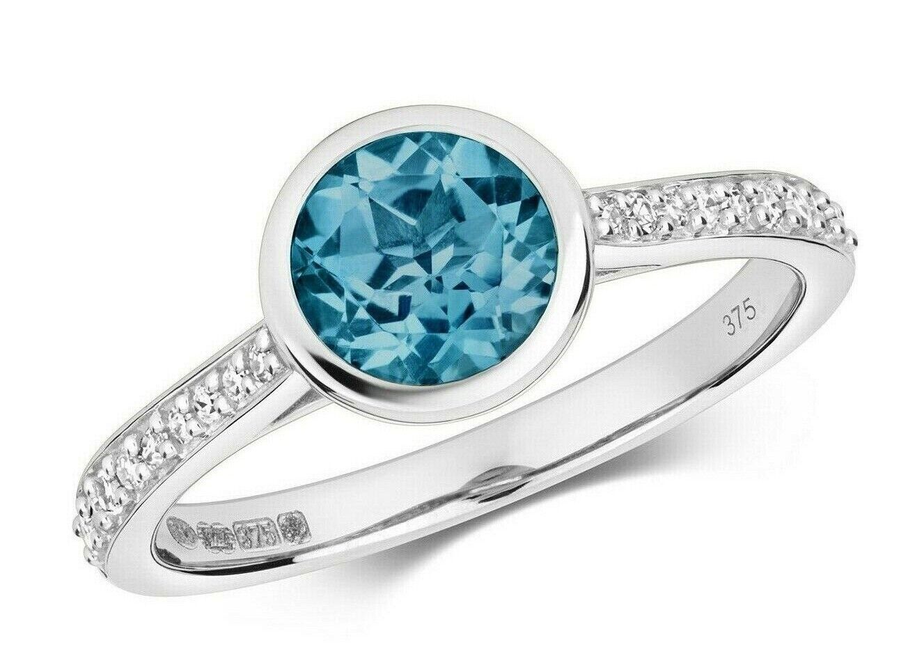 Real London Blue Topaz and Diamond Ring Solid White Gold Solitaire Size JKLMNOPQ