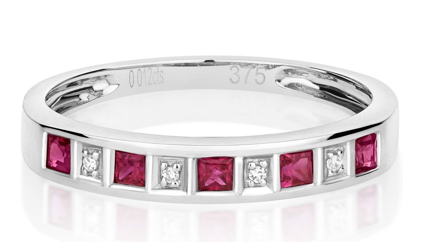 Real Ruby and Diamond Eternity Ring Solid White Gold Square Anniversary Band