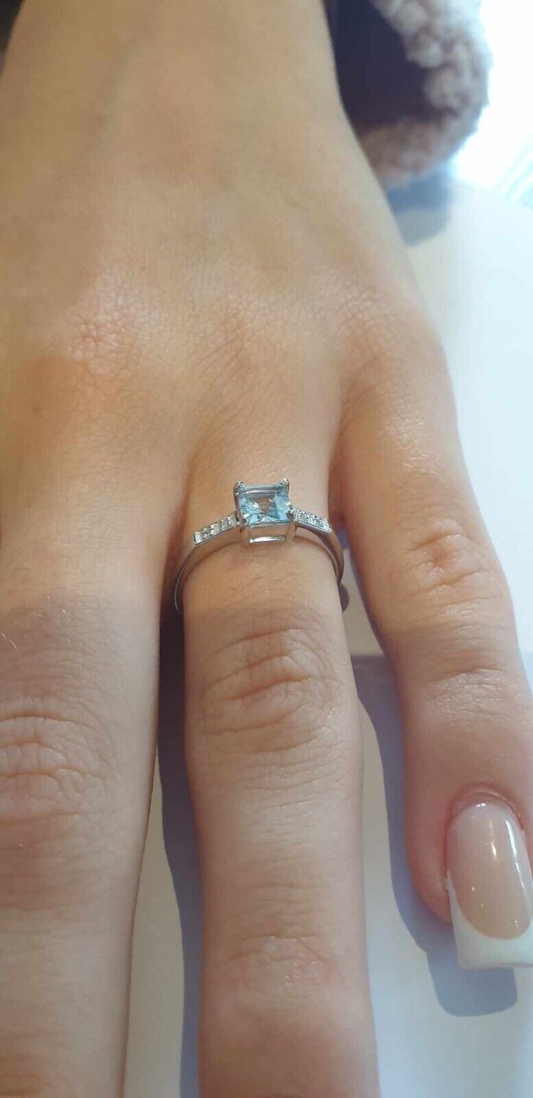 Aquamarine and Diamond Ring Solid 9ct White Gold Real Genuine Stones Size J - Q