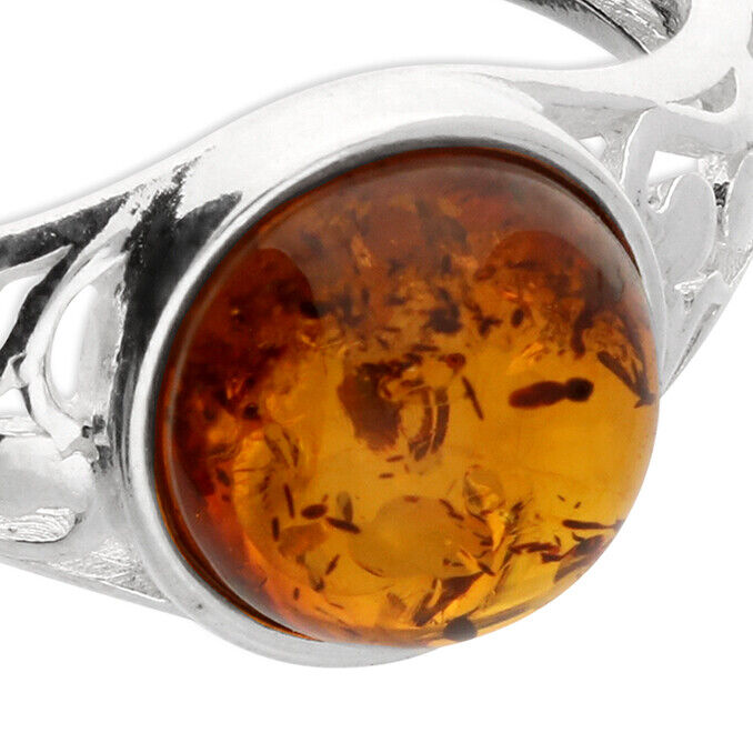 Cognac Amber Ring With Swirl Cut Out Shoulders Solid Sterling Silver 925