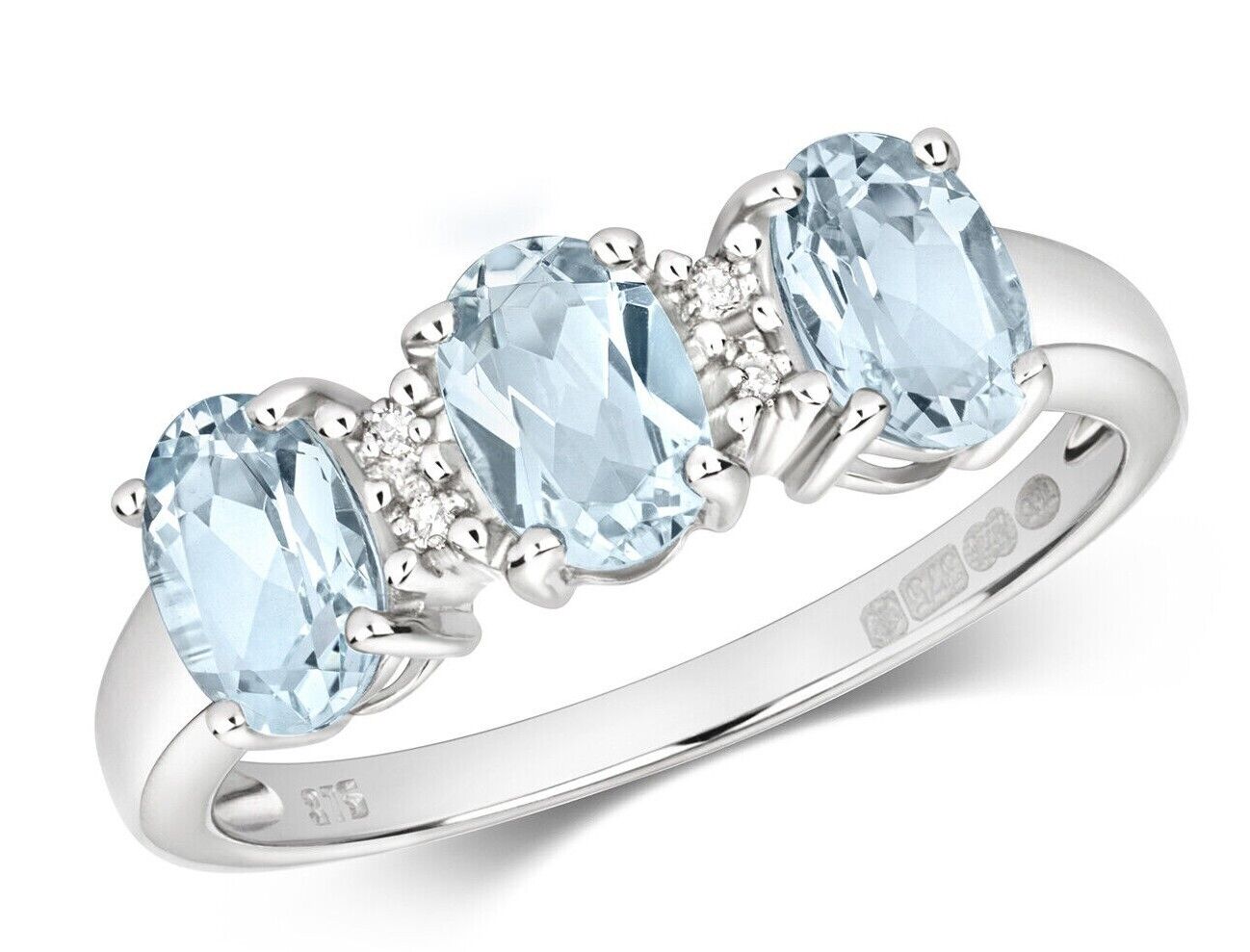 9ct White Gold Aquamarine and Diamond Ring Three Stone Trilogy Size J - Q