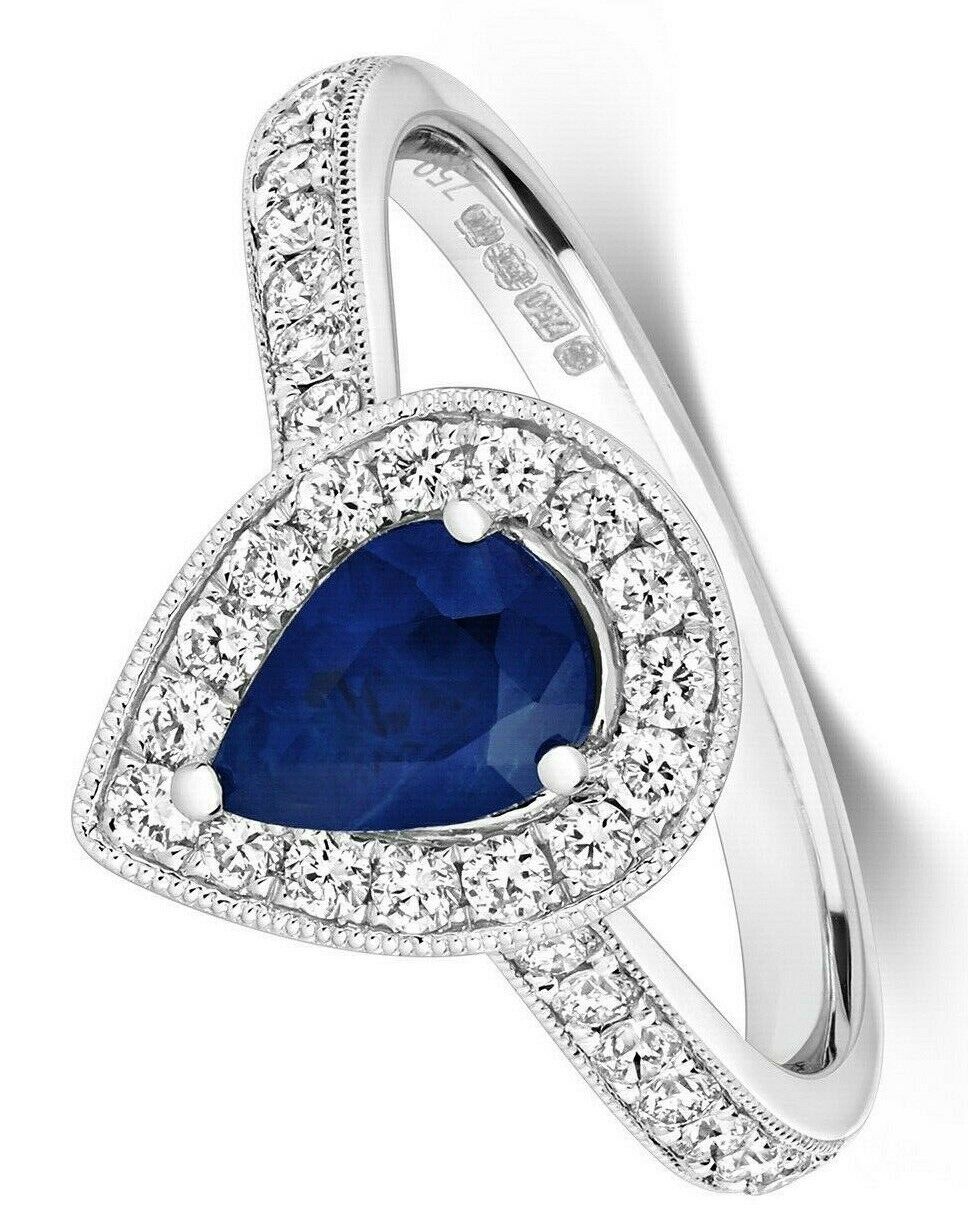 Real Sapphire and Diamond Pear Ring 18ct White Gold Teardrop Cluster