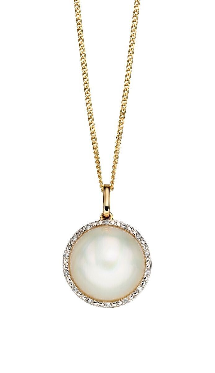 Mabe Pearl and Diamond Pendant and Earrings Set Yellow Gold 16 18 or 20" Chain