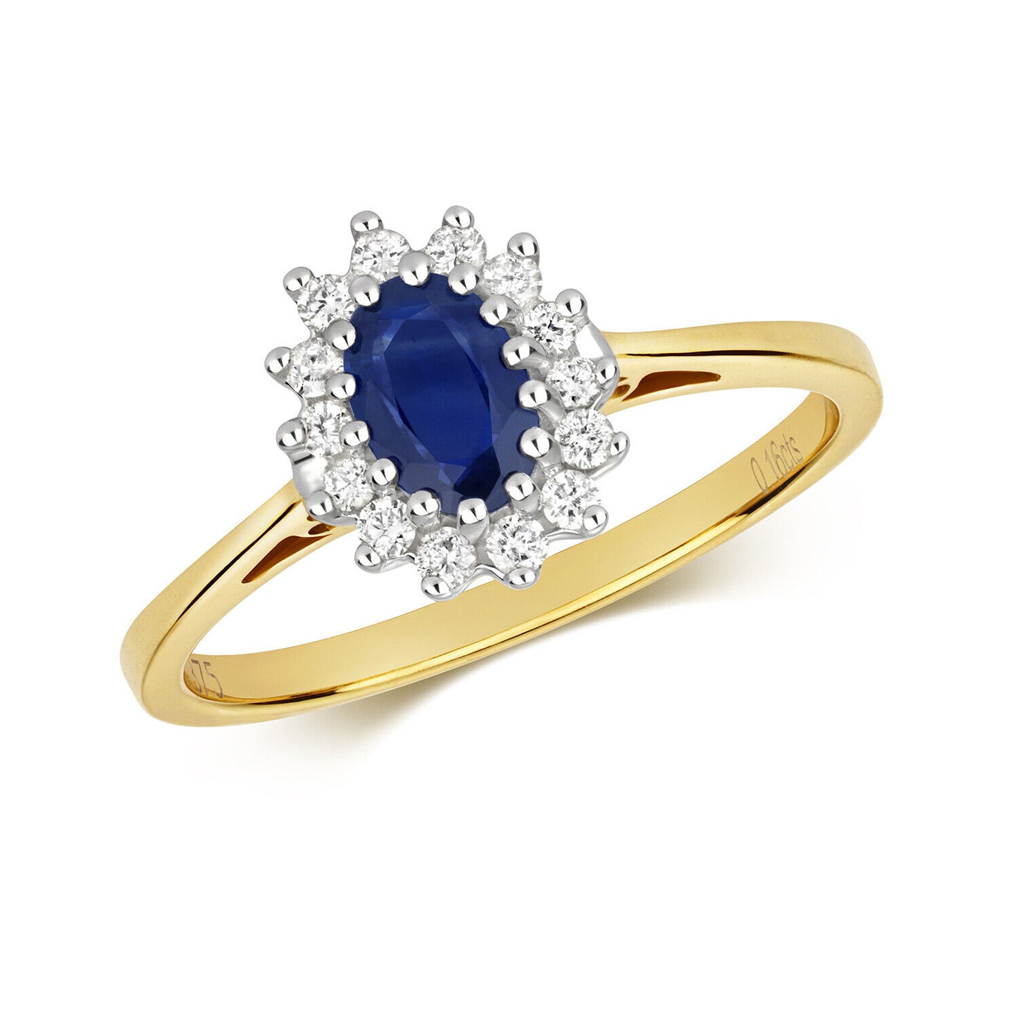 Real Sapphire and Diamond Ring 9ct Yellow Gold Oval Cluster Size J K L M N O P Q