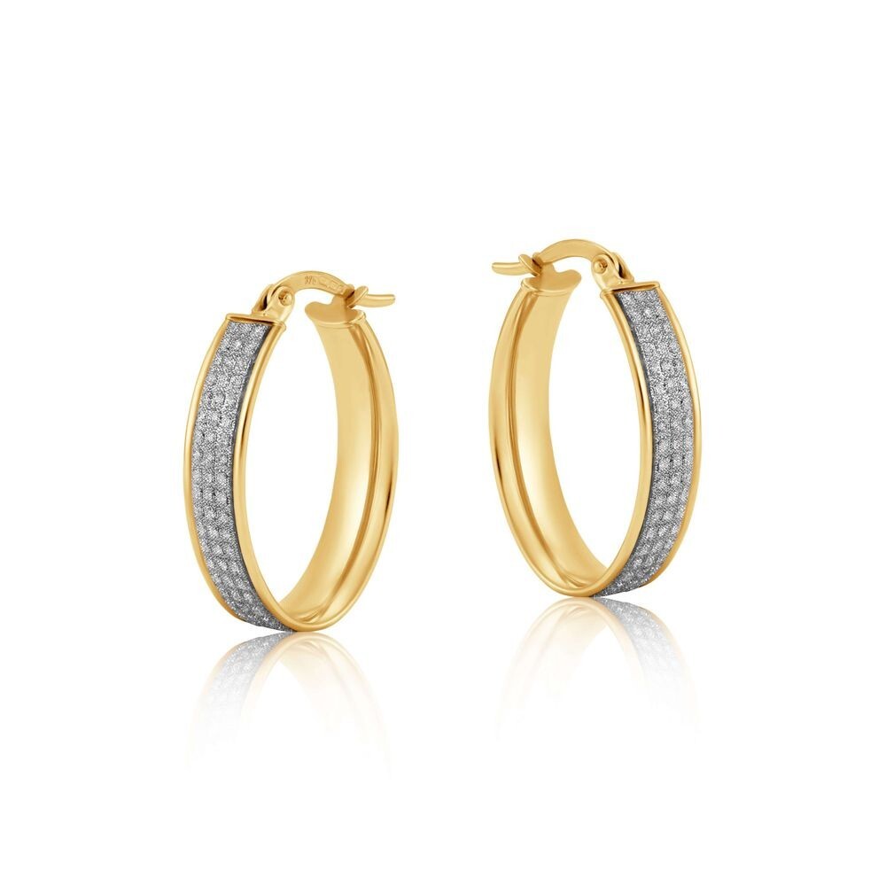 Two Colour Gold Moondust Oval Hoop Earrings Hallmarked Hoops