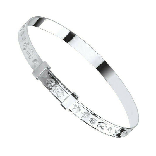 Silver Baby Bangle Embossed with Rocking horse, Baby Rattle, Teddy, Pram, Drums