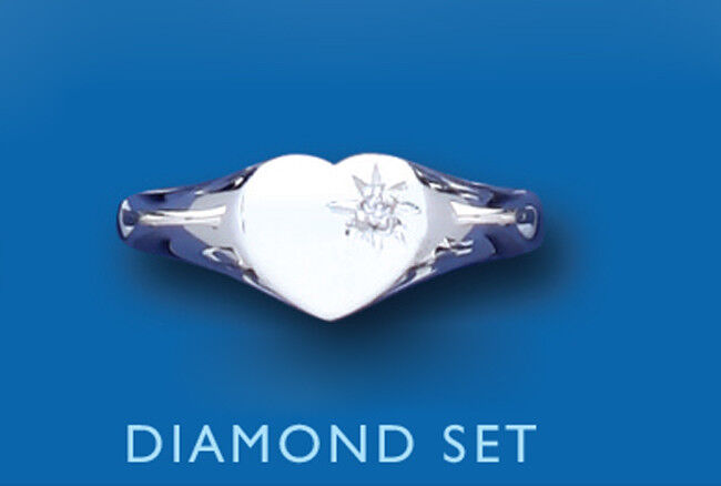 Heart Diamond Signet Ring Solid Sterling Silver Ladies