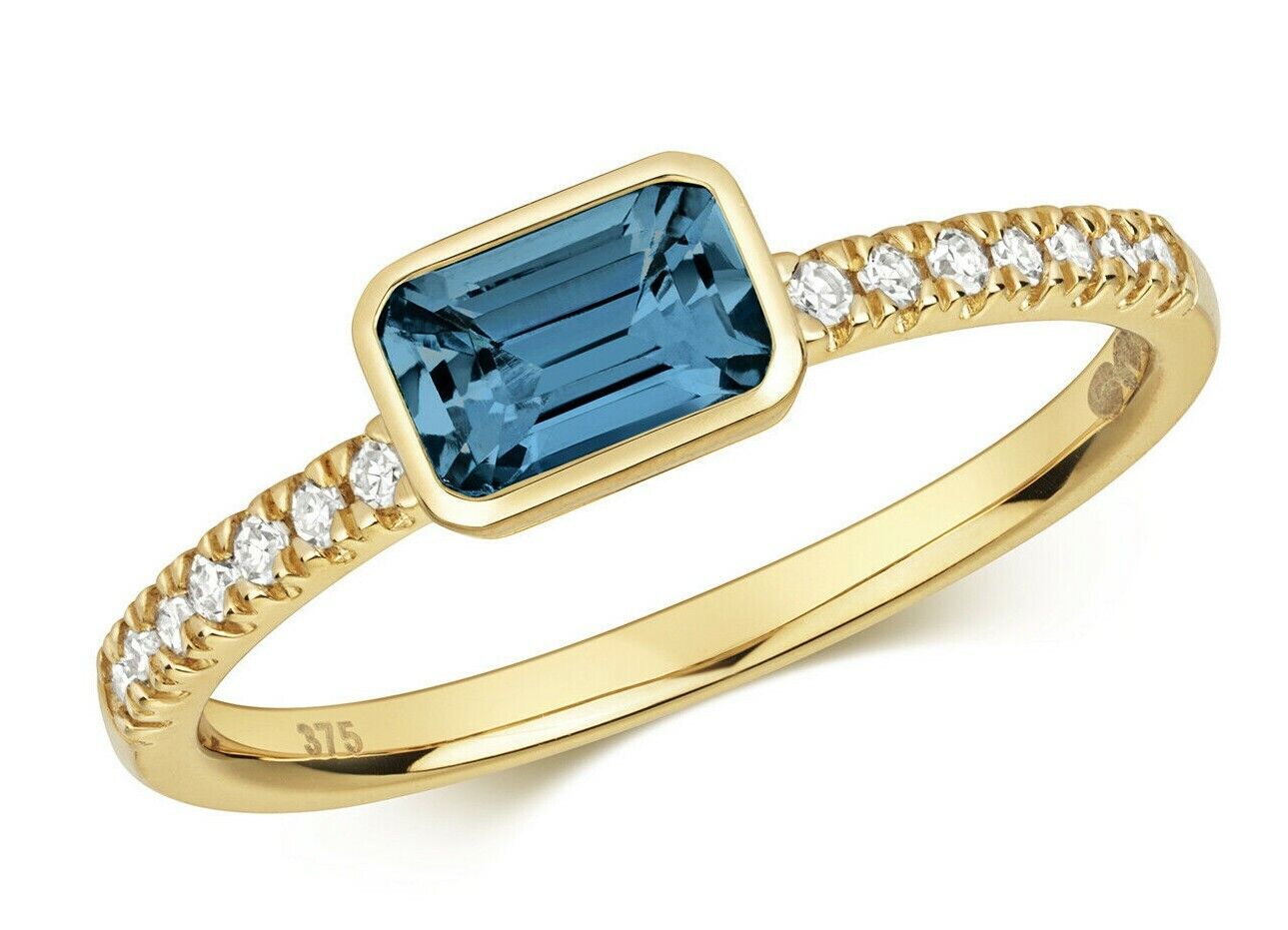 9ct Yellow Gold London Blue Topaz and Diamond Ring Emerald Cut Smooth Solitaire