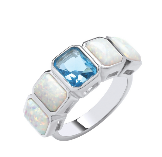 Sterling Silver Opal & Blue Topaz Ring Sizes J - S British Made 925 Hallmark