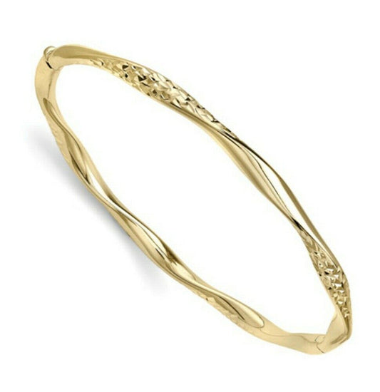Yellow Gold Twist Bangle Hinged Diamond Cut Hallmarked British Made Bracelet