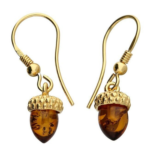 Cognac Amber Acorn Drop Earrings 18ct Yellow Gold on Sterling Silver