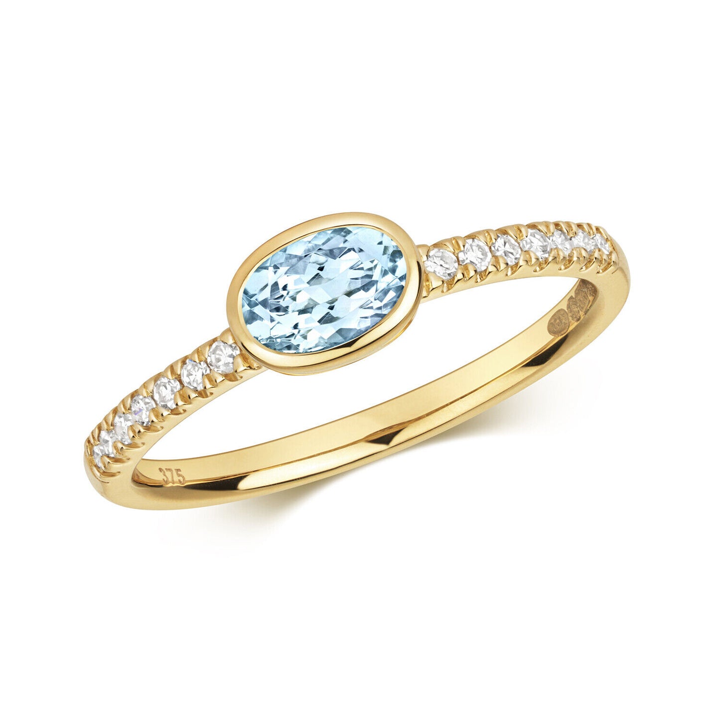 Real Aquamarine and Diamond Ring Solid Yellow Gold Oval Solitaire Size J - Q