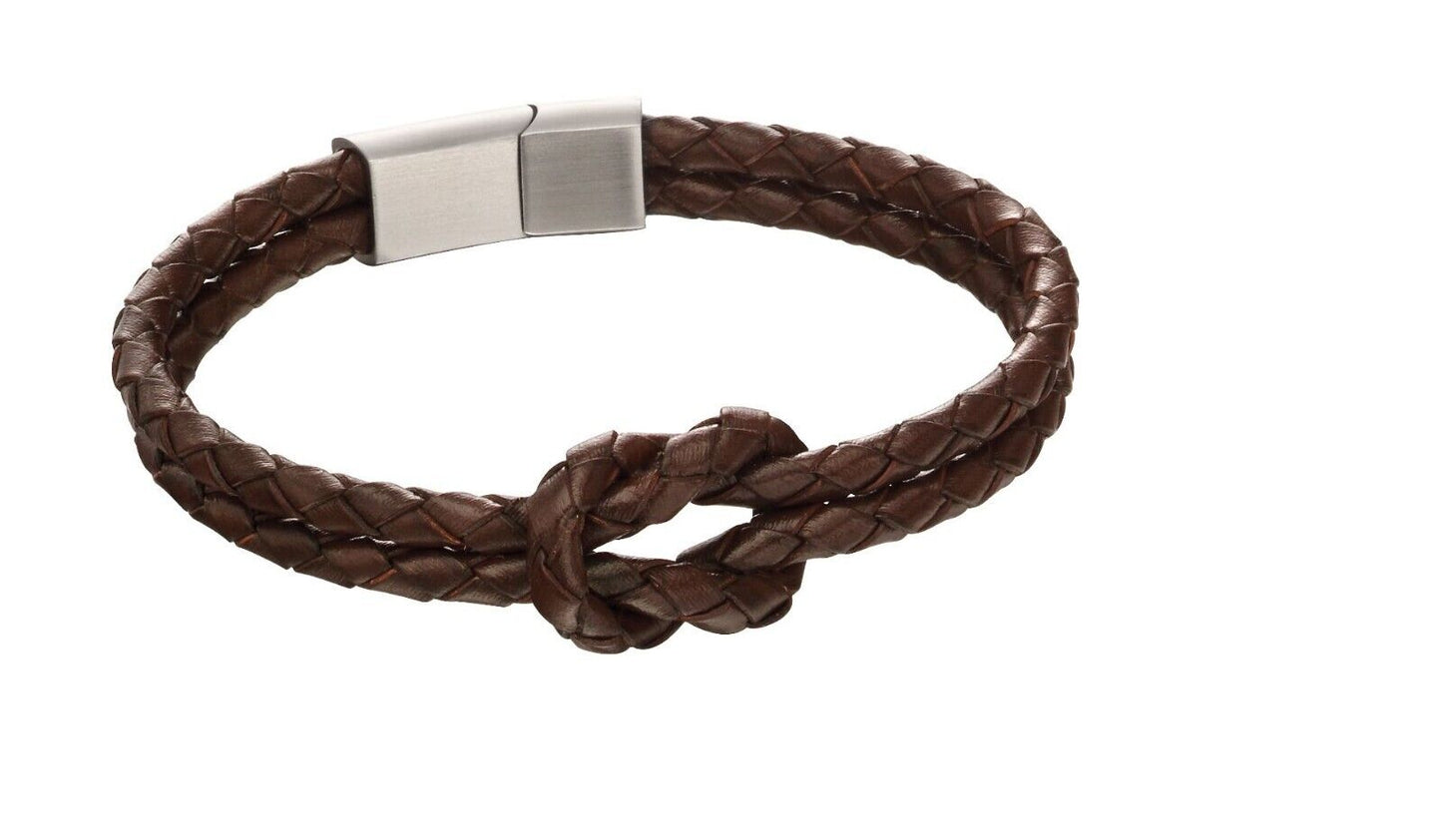 Fred Bennett Double Row Knot Brown Leather Bracelet 21cm B5152