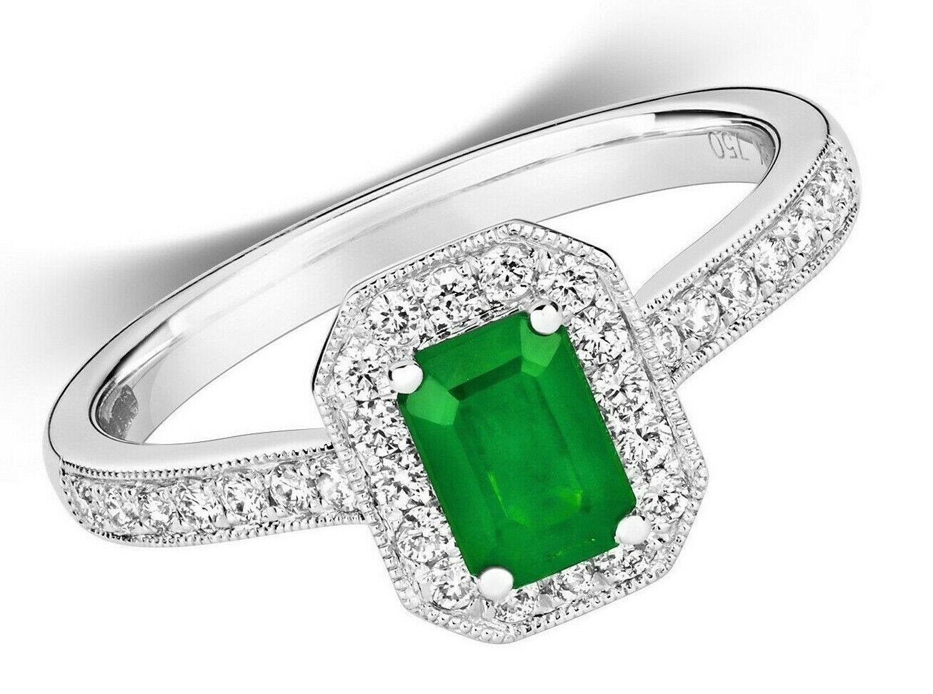 Real Emerald and Diamond Ring 18ct White Octagon Cluster
